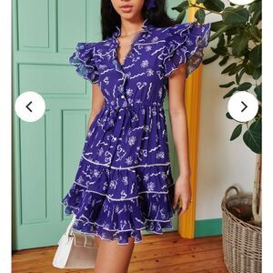 CeliaB Sabrina Blue Floral Pearl Trim Ruffle Dress | M